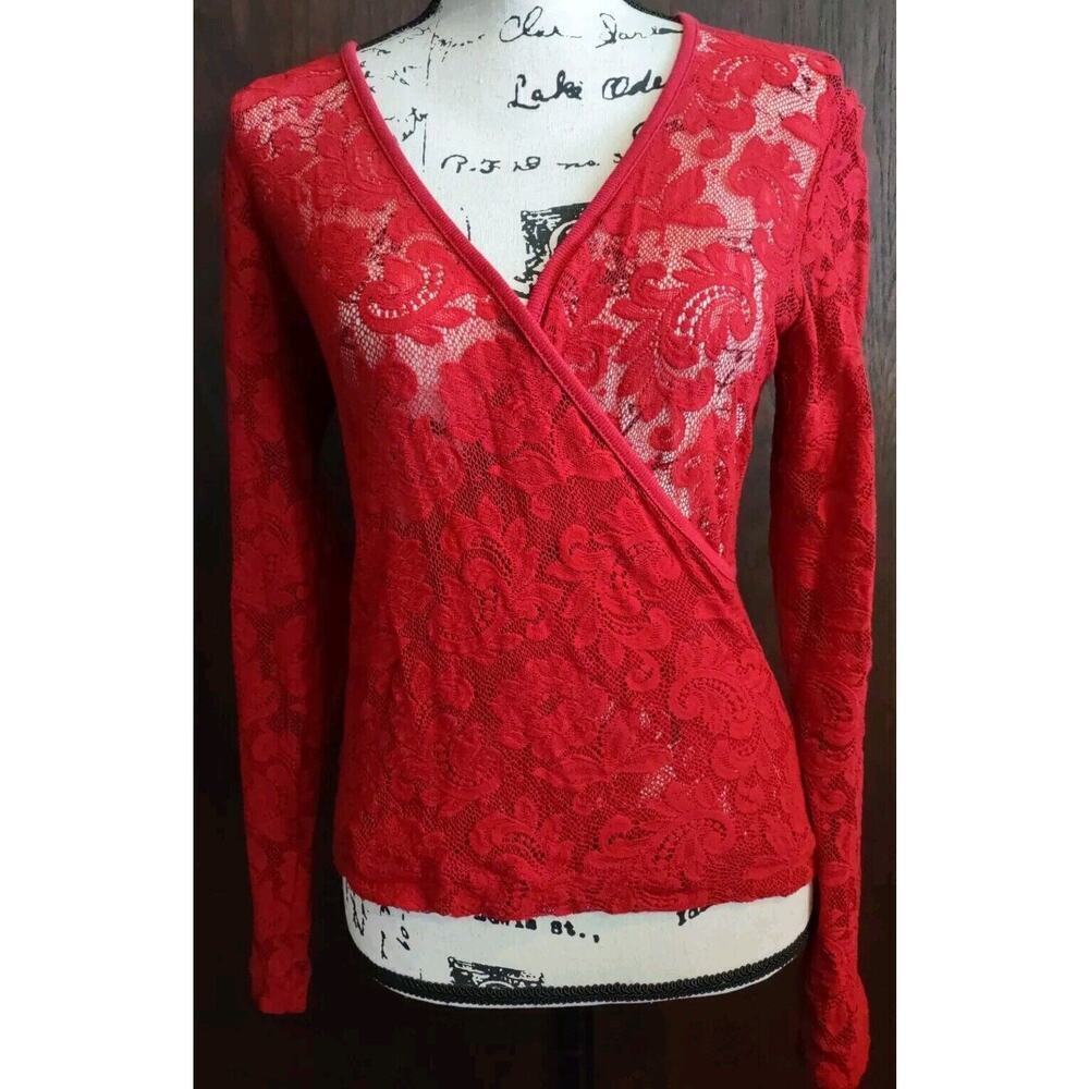 Vintage y2k 90s v neck red lace Medium coquette feminine wrap top blouse stretch